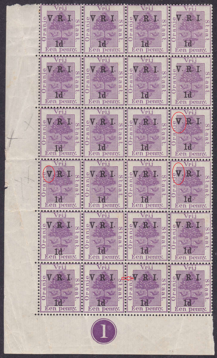 OFS 1900  1d ON 1d PURPLE MARGINAL CONTROL SHEET OF 24 WITH VARIETIES - UM