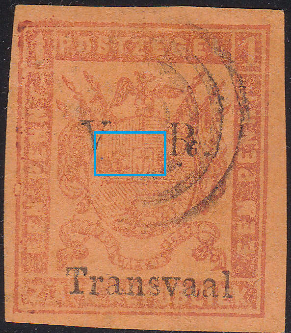 TRANSVAAL 1877 SACC118(var) 1d RED ON ORANGE PAPER WITH NO STOP AFTER "V" VFU
