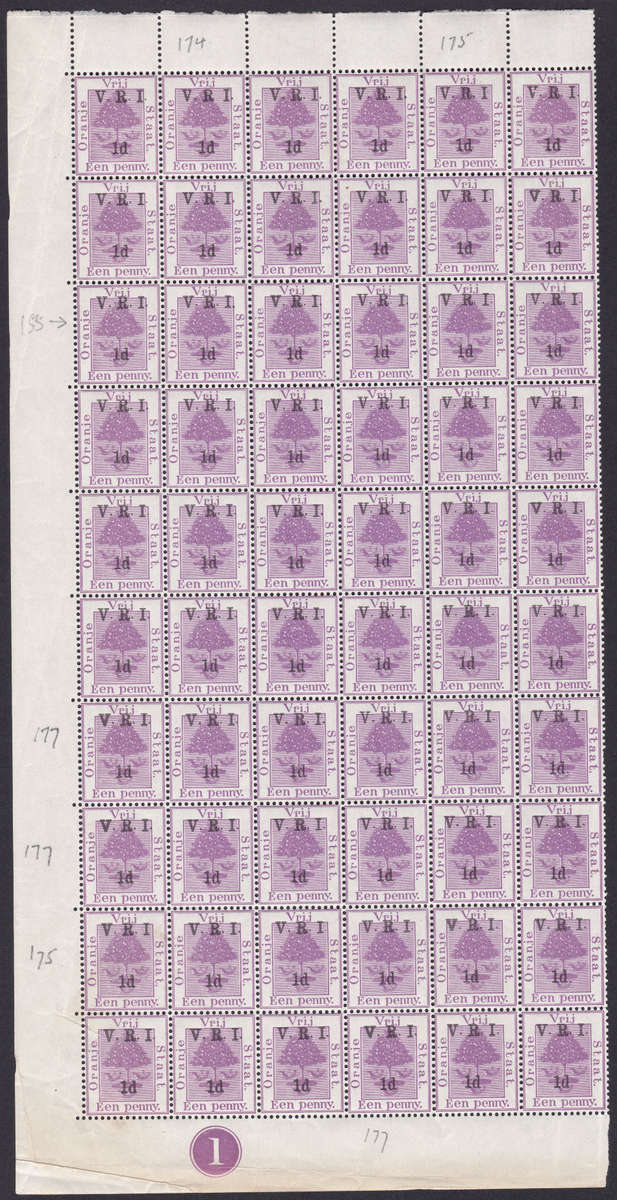 OFS 1900 2nd PRINTING RAISED STOPS - 1d ON 1d PURPLE ¼ MARGINAL CONTROL SHEET - UNMOUNTED MINT