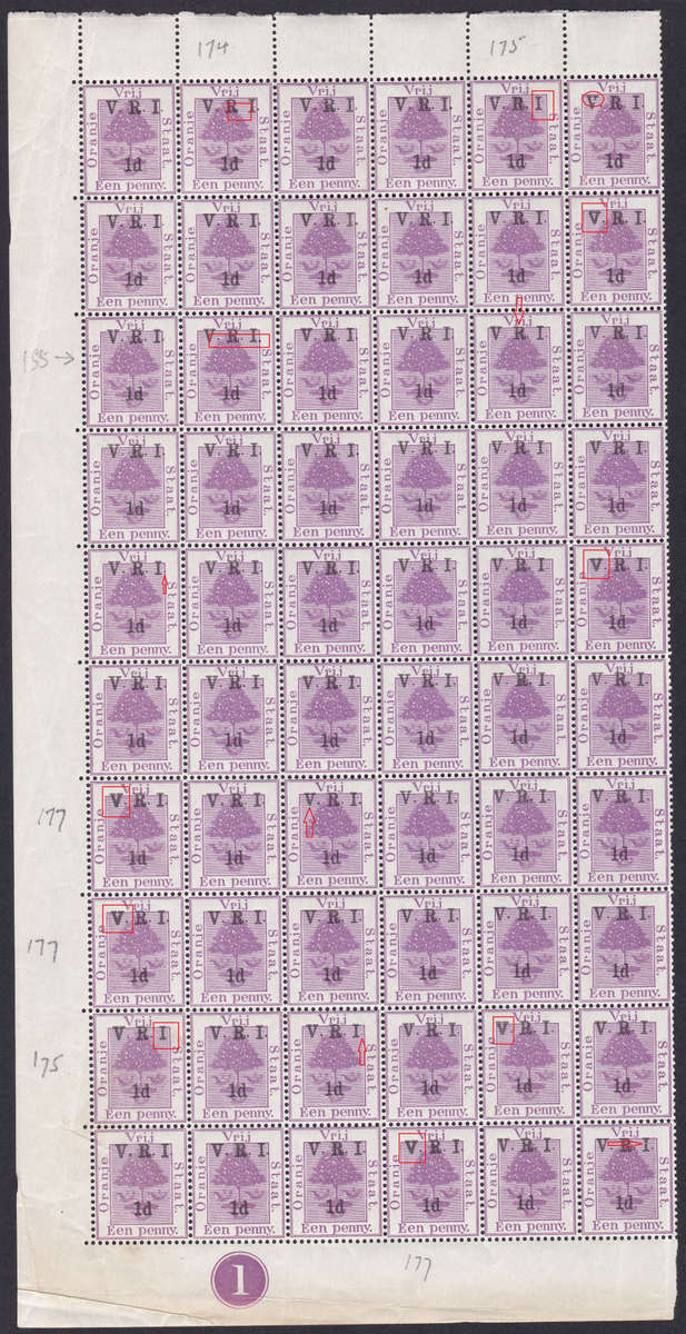 OFS 1900 2nd PRINTING RAISED STOPS - 1d ON 1d PURPLE ¼ MARGINAL CONTROL SHEET - UNMOUNTED MINT