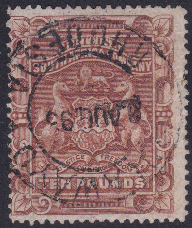 BSAC / RHODESIA 1892 SACC13  £10 BROWN - VFU CV R13000