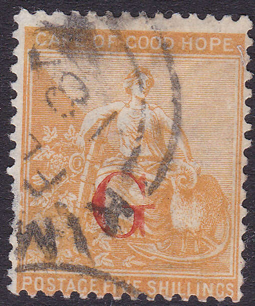 Griqualand West 1878 SG10b  5/- YELLOW-ORANGE - O/P TYPE 2 - FINE USED - CV £130(2017)