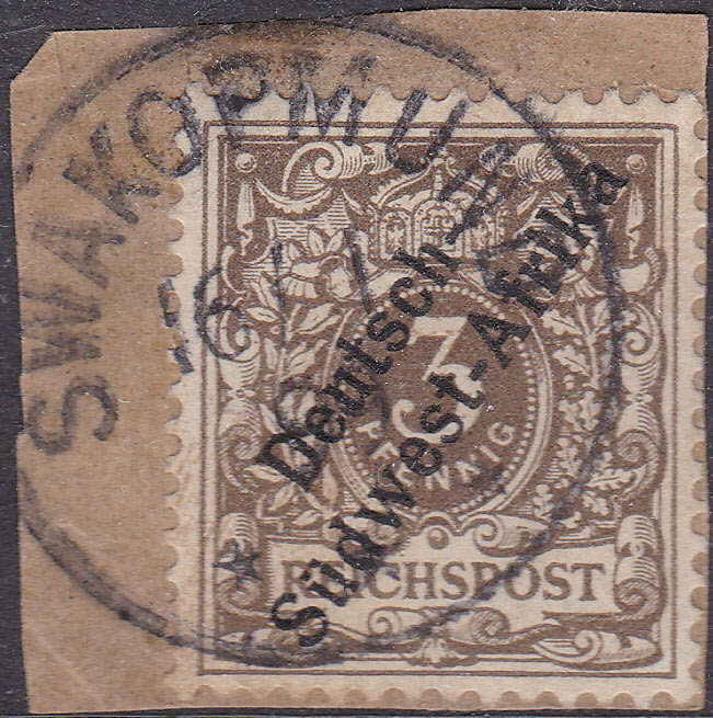 GERMAN SWA 1897 SACC1 3Pfg BROWN - VFU ON PIECE - CV R200