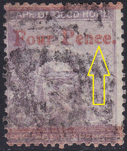 Cape of Good Hope 1879 : SACC29(var) 3d on 4d Blue(WM CC) VFU `Penee` for `Pence` - VERY RARE STAMP