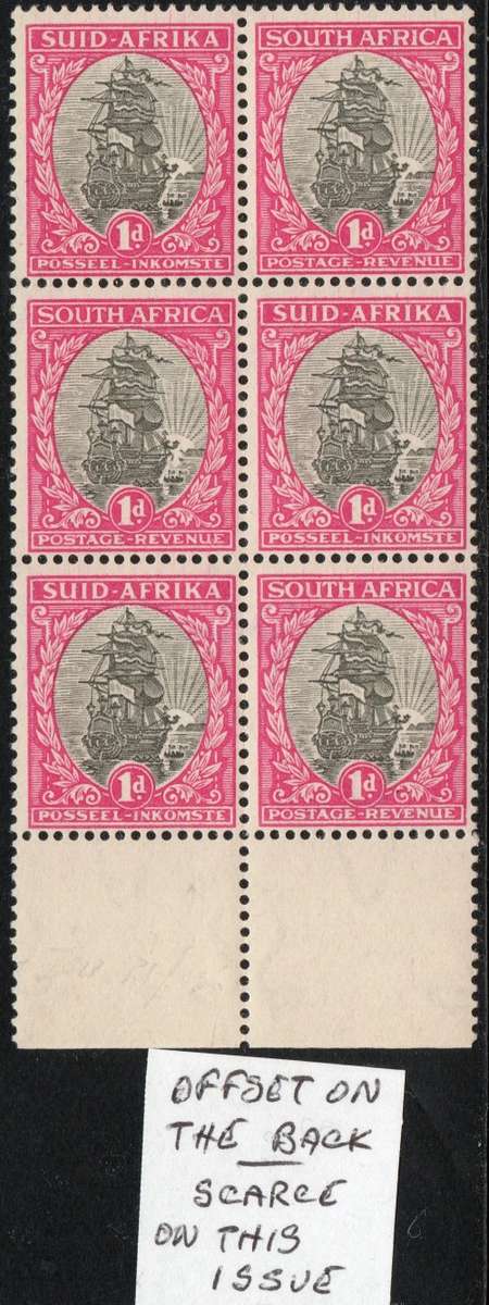 Union of SA - 1933-48 1d Grey & Carmine Marginal BO6 - OFFSET OF REVERSE - SCARCE