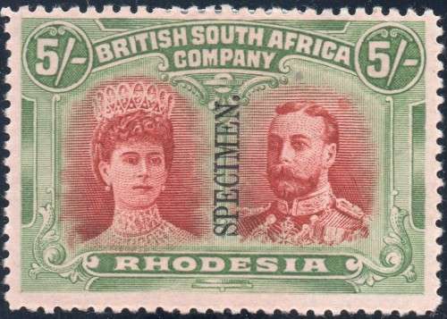 BSAC / Rhodesia : SACC159s 5/- Vermillion & Deep Green ``SPECIMEN``  - SCARCE - MM