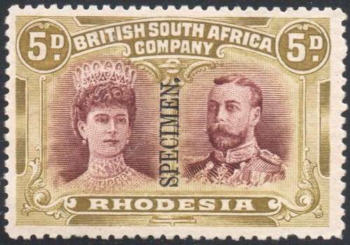 BSAC / Rhodesia :  5d Purple-brown & Olive-green ``SPECIMEN`` - SCARCE - MM
