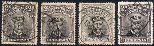 BSAC / Rhodesia :  4 USED EXAMPLES OF 2d ``ADMIRALS``  DIE III - P14 (SACC255-8) F-VFU