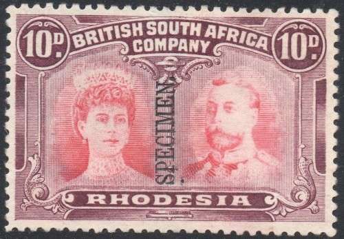 BSAC / RHODESIA 10d SCARLET & RED-MAUVE ``SPECIMEN`` - VERY FINE MM - SCARCE