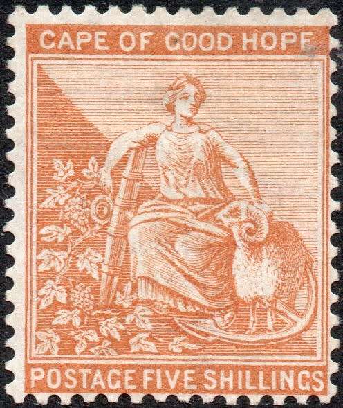 CAPE OF GOOD HOPE 1871 SACC26 5/- YELLOW-ORANGE - W/M CROWN CC - MM - CV R14000
