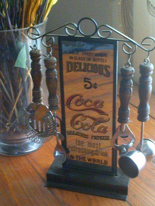 Vintage coca-cola mirror bar sign with 4 hanging utensils