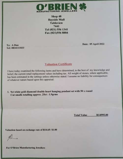 Diamond White Gold 9ct heart pendant, set with 50 x round cuts, totalling approx .25ct.