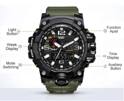 Multifunctional Digital Analog Shock Resistant Sports Watch Style- Black