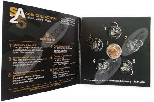 UNC 2019 SA25 - 25 YEARS OF CONSTITUTIONAL DEMOCRACY R5 COINS - IN SA MINT FOLDER