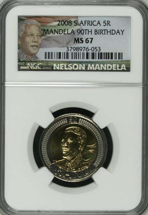 MS67 NEW COLOR LABEL 2008 MANDELA BDAY R5 COIN - EXTREMELY HIGH GRADE