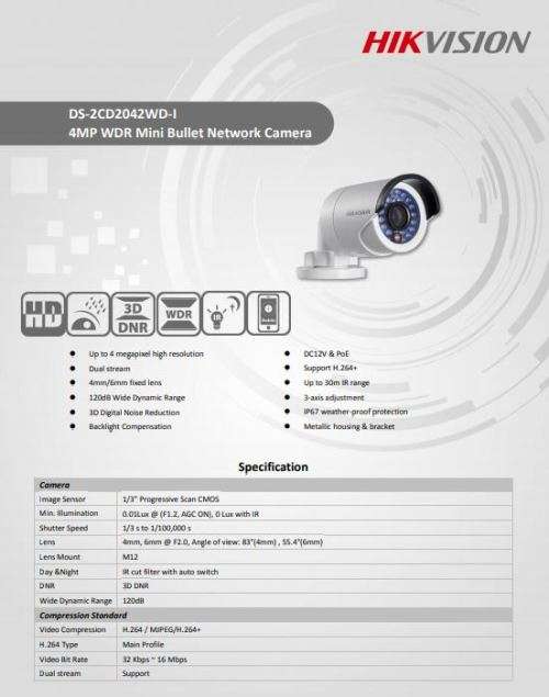 HIKVISION - DS-2CD2042WD-I 4MP WDR Mini Bullet Network Camera | HIKVISION Bullet IR IP Camera - DEMO