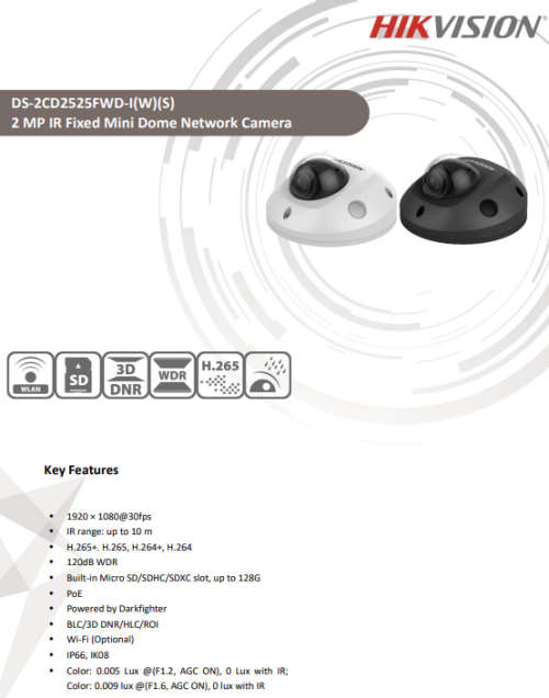 Hikvision EXIR Fixed Mini Dome DS-2CD2525FWD-IS - NETWORK / IP Camera