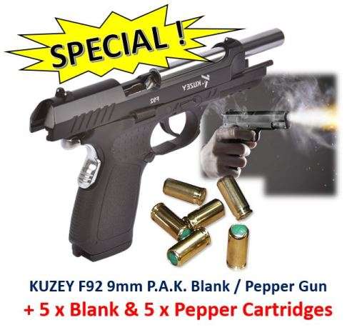 Kuzey F92 9mm PAK Blank  Pepper Gun  Blank Pistol  5 Blank and 5 Pepper Cartridges