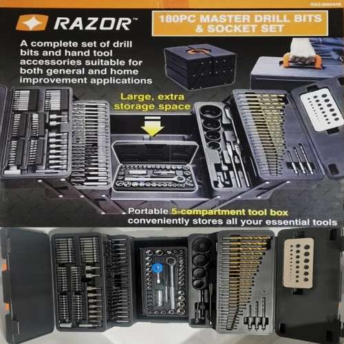 180 Piece Razor Drill Bit Set and Socket Set