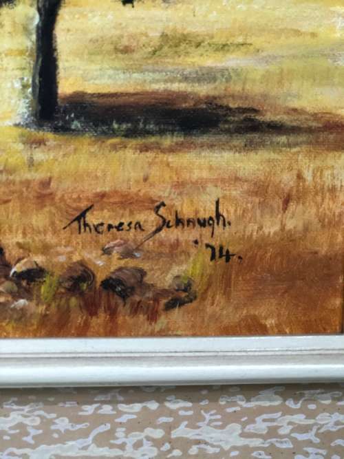 BEAUTIFUL OIL ON BOARD PAINTING SIGNED BY THERESA SCHNUGH 1974 SIZE 73CM X 63CM !!!!!!!