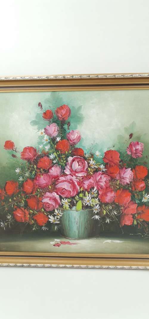 SUPER LARGE OIL ON BOARD OF FLOWERS SIZE 97CM X 69CM