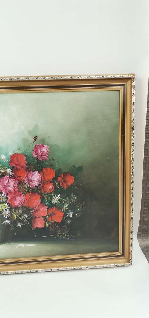 SUPER LARGE OIL ON BOARD OF FLOWERS SIZE 97CM X 69CM