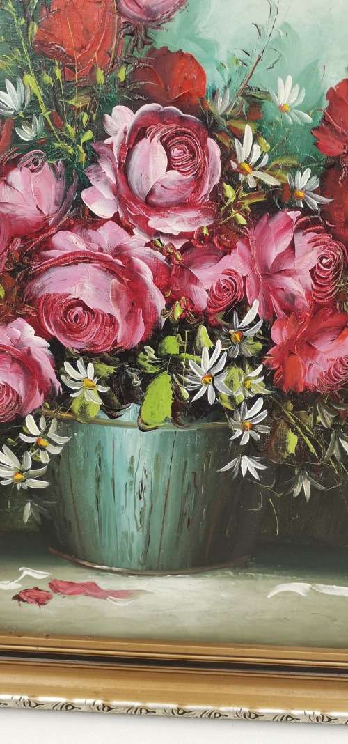 SUPER LARGE OIL ON BOARD OF FLOWERS SIZE 97CM X 69CM
