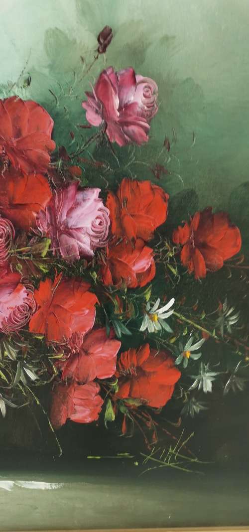 SUPER LARGE OIL ON BOARD OF FLOWERS SIZE 97CM X 69CM