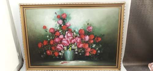 SUPER LARGE OIL ON BOARD OF FLOWERS SIZE 97CM X 69CM
