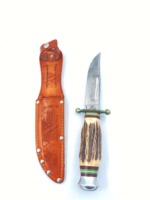 RARE VINTAGE GERMAN HUBERTUS ROSTFREI SOLINGEN FIXED BLADE STAG KNIFE WITH LEATHER SHEATH !!!!!