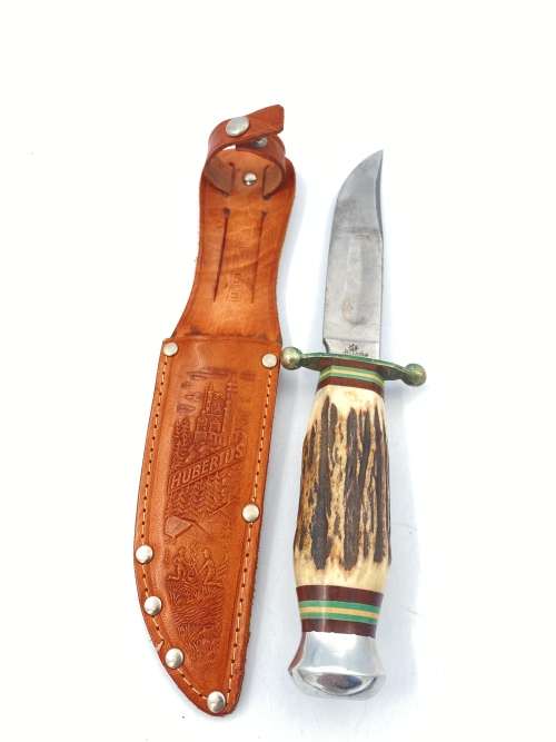RARE VINTAGE GERMAN HUBERTUS ROSTFREI SOLINGEN FIXED BLADE STAG KNIFE WITH LEATHER SHEATH !!!!!