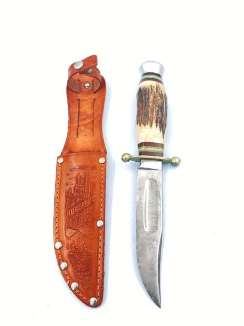 RARE VINTAGE GERMAN HUBERTUS ROSTFREI SOLINGEN FIXED BLADE STAG KNIFE WITH LEATHER SHEATH !!!!!
