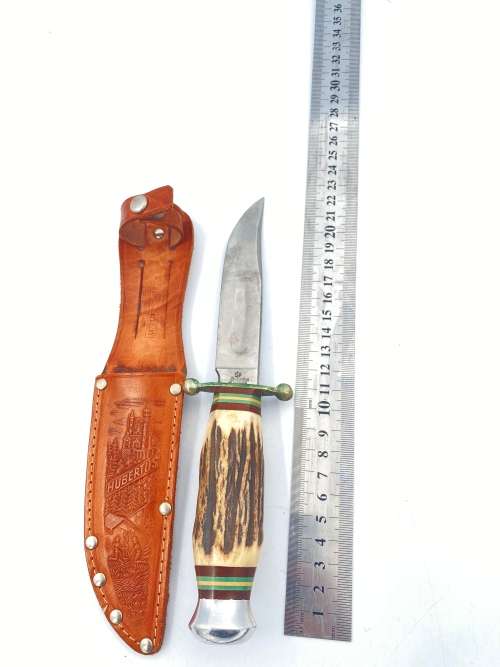 RARE VINTAGE GERMAN HUBERTUS ROSTFREI SOLINGEN FIXED BLADE STAG KNIFE WITH LEATHER SHEATH !!!!!