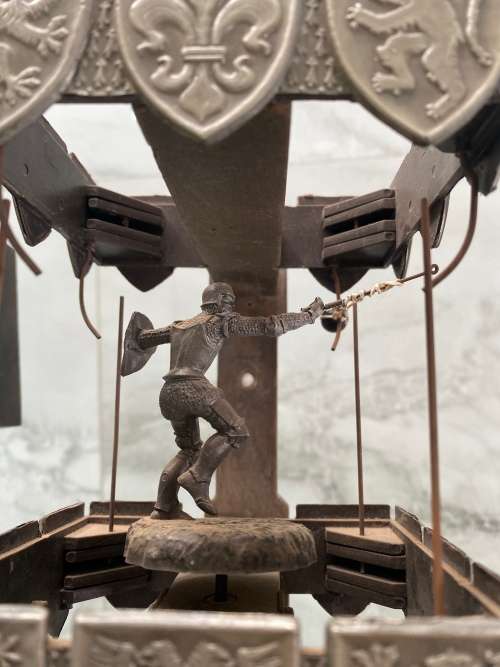 RARE MASSIVE MEDEVIL KNIGHTS CLOCK FOR DISPLAY WITH WEIGHTS SUPER COOL!!!