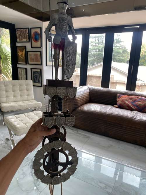 RARE MASSIVE MEDEVIL KNIGHTS CLOCK FOR DISPLAY WITH WEIGHTS SUPER COOL!!!