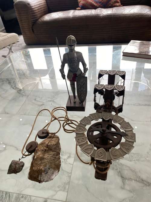 RARE MASSIVE MEDEVIL KNIGHTS CLOCK FOR DISPLAY WITH WEIGHTS SUPER COOL!!!