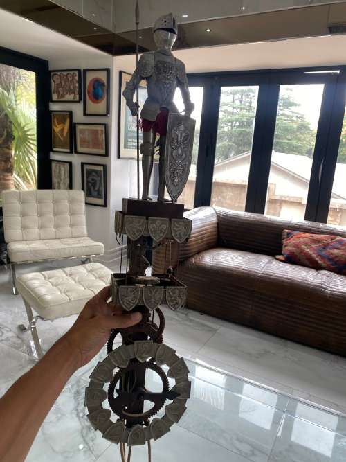 RARE MASSIVE MEDEVIL KNIGHTS CLOCK FOR DISPLAY WITH WEIGHTS SUPER COOL!!!