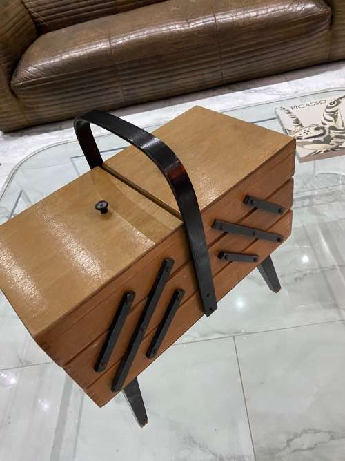 Vintage Sewing Box Wood 3 Tier Accordion w/ Legs Poland Dovetailed Basket Rare!!