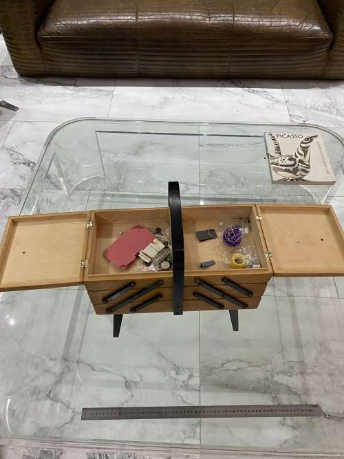 Vintage Sewing Box Wood 3 Tier Accordion w/ Legs Poland Dovetailed Basket Rare!!