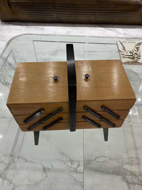 Vintage Sewing Box Wood 3 Tier Accordion w/ Legs Poland Dovetailed Basket Rare!!