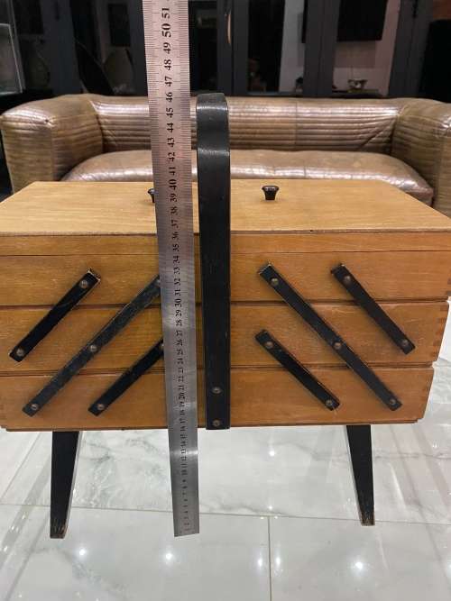 Vintage Sewing Box Wood 3 Tier Accordion w/ Legs Poland Dovetailed Basket Rare!!