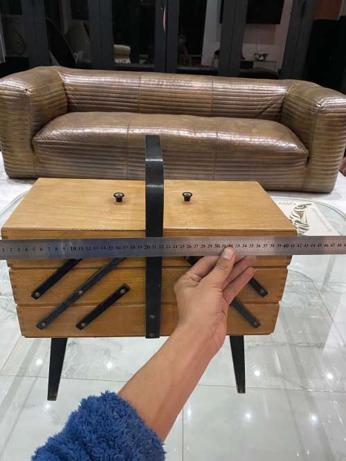 Vintage Sewing Box Wood 3 Tier Accordion w/ Legs Poland Dovetailed Basket Rare!!