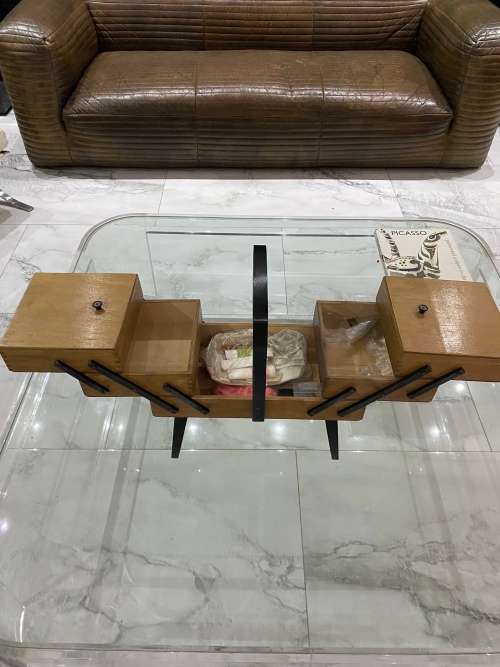 Vintage Sewing Box Wood 3 Tier Accordion w/ Legs Poland Dovetailed Basket Rare!!