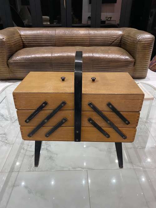 Vintage Sewing Box Wood 3 Tier Accordion w/ Legs Poland Dovetailed Basket Rare!!