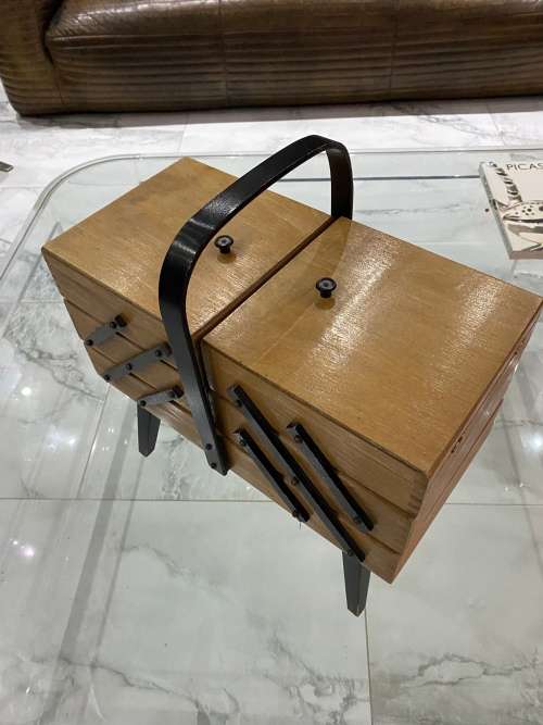 Vintage Sewing Box Wood 3 Tier Accordion w/ Legs Poland Dovetailed Basket Rare!!