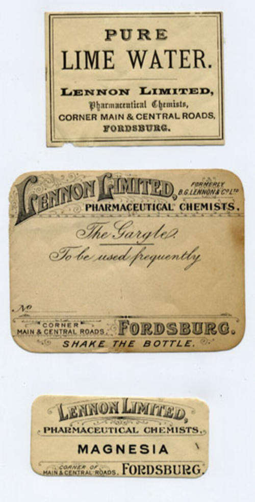 3 Original Antique Lennon Pharmaceutical Chemists Drug Bottle Labels - Fordsburg