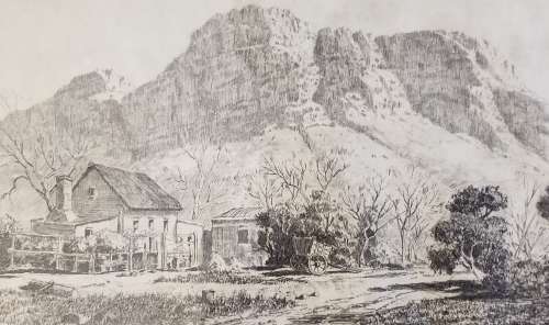 Tinus de Jongh ecthing - Kirstenbosch Cottage