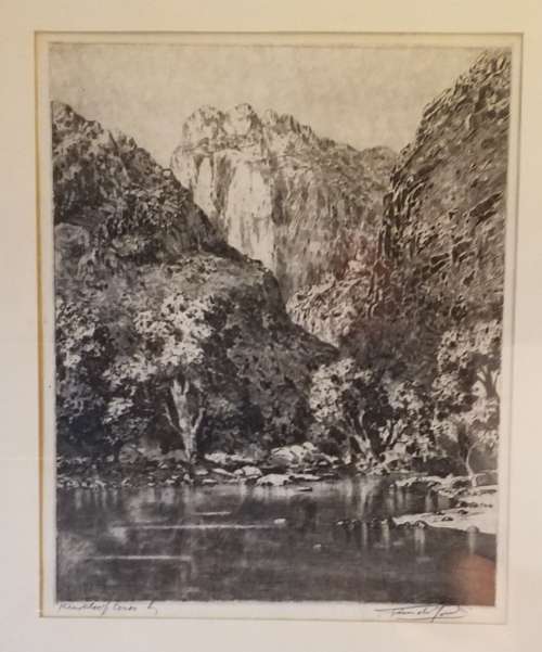 Tinus de Jongh etching - Kleurkloof Montague Cape