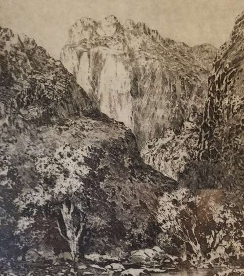 Tinus de Jongh etching - Kleurkloof Montague Cape