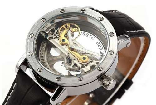 (Free Shipping) Luxury Skeleton Automatic Mechanical Watch - *Silver* in Wood box